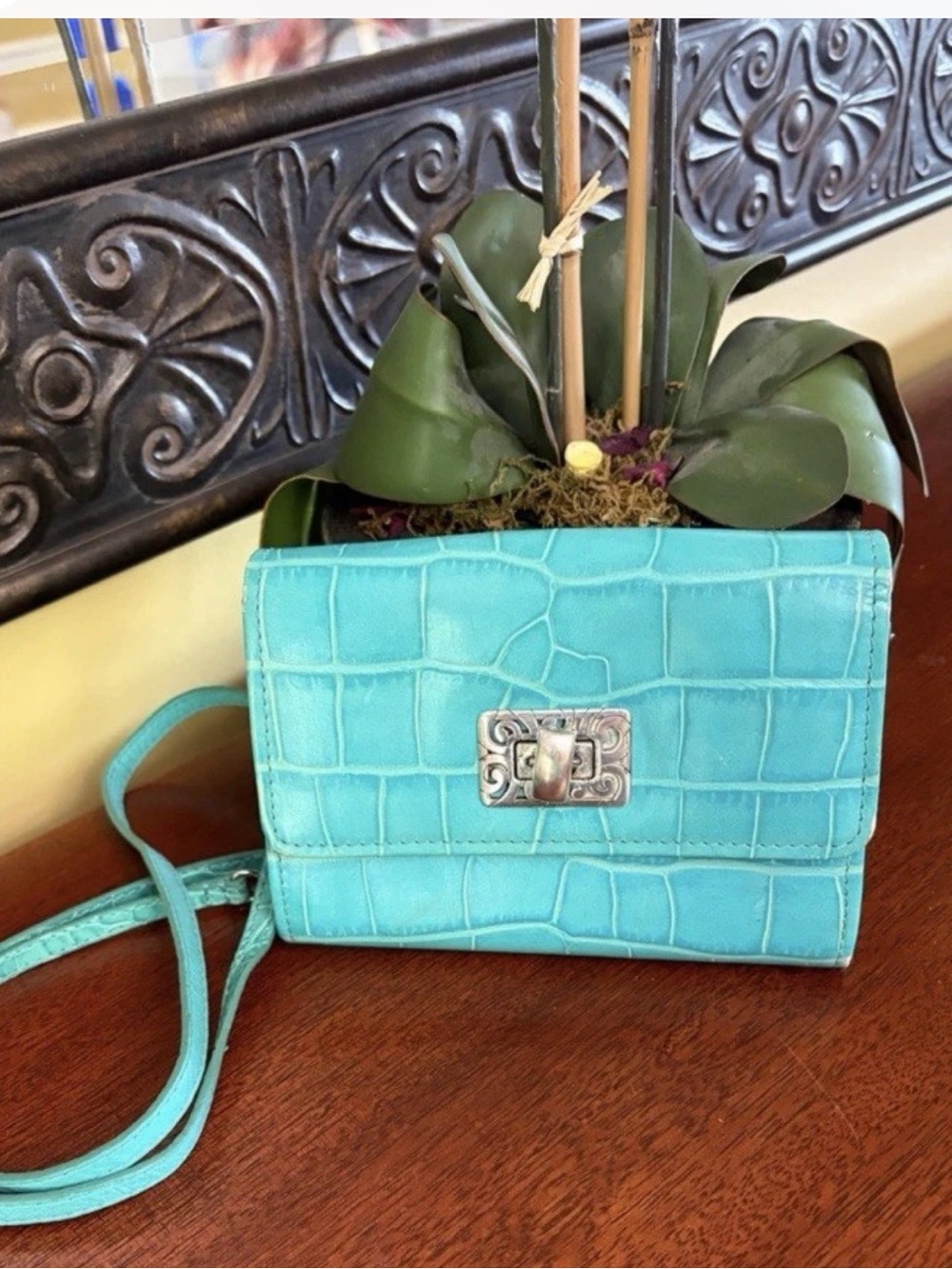Brighton Turquoise Croc-Embossed Crossbody with Silver-Tone Turn Lock